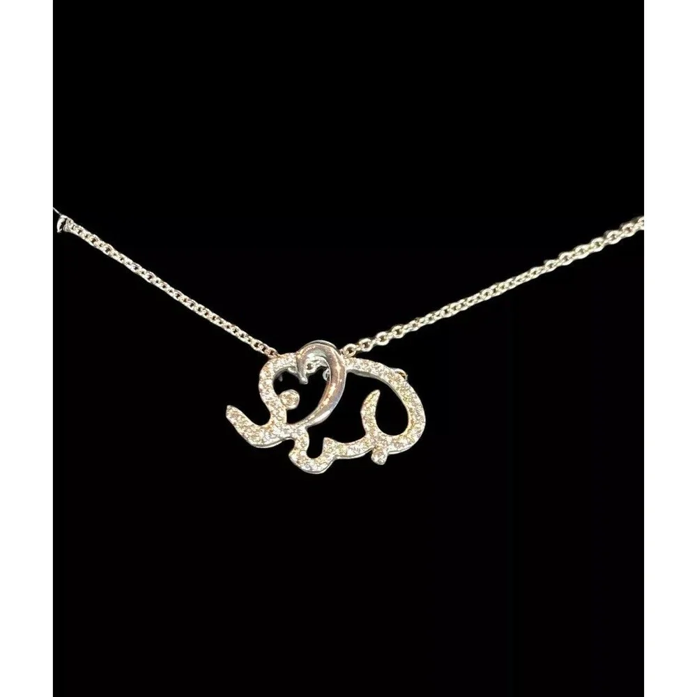 New Elephant Necklace Cubic Zirconia Silver Plate 18” Chain Trunk Up Good Luck